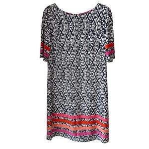 Eliza J Black White Printed Midi Dress with Pink and Orange Stripe Accents